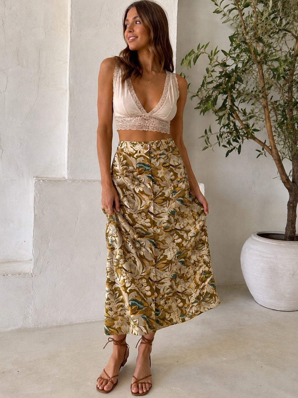 VTG Fu Da Fine Silk Floral Midi Skirt Medium M 90s Earthy Boho Whimsigoth 100%
